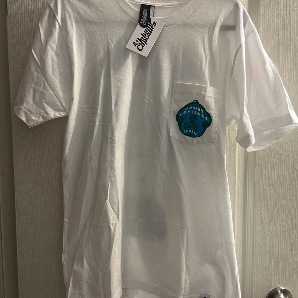 Johnny Cupcakes White Tee with Teal Pocket Logo